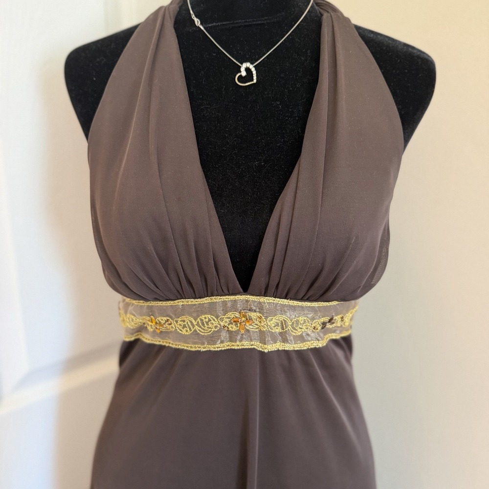 Y2K Venus USA Women's Brown Midi Halter Dress Lace Rhinestone Trim (M) VTG Bratz - Picture 3 of 6